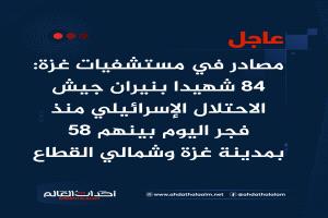 عاجل | مصادر في مستشفيات غزة: 84 شهيدا بنيران جيش الاحتلال الإسرائيلي منذ فجر اليوم بينهم 58 بمدينة غزة وشمالي القطاع