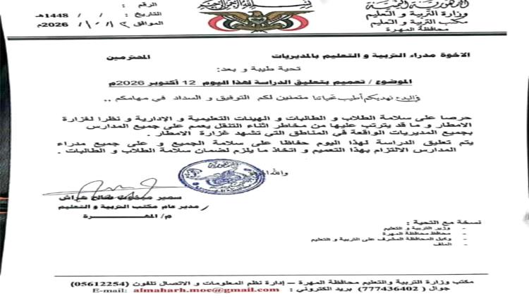 تعليق الدراسة في مدارس المهرة اليوم بسبب الأمطار الغزيرة