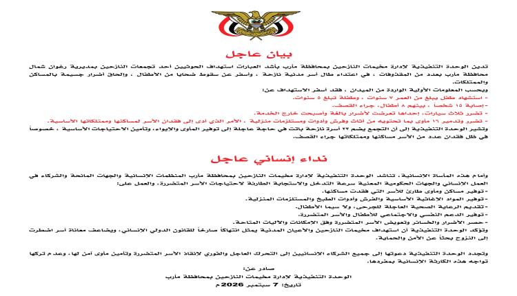 استشهاد طفلين وإصابة 15 آخرين في استهداف ميليشيات الحوثي لتجمع للنازحين برغوان شمال مأرب
